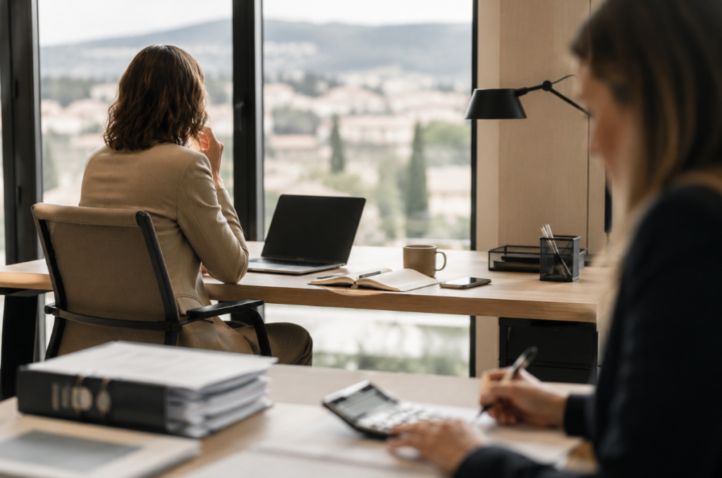 Dirigeante marquant une pause avant de répondre à un conflit en entreprise, moment de réflexion avant la réaction