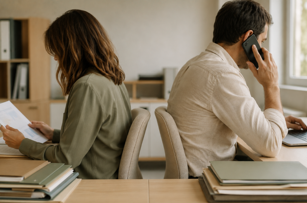 Deux dirigeants assis dos à dos à leur bureau, chacun absorbé dans sa propre tâche sans se regarder