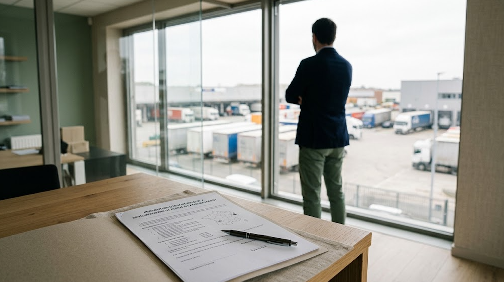 Dirigeant d'une entreprise de transport regardant son dépôt, dossier d'investissement resté non signé sur le bureau