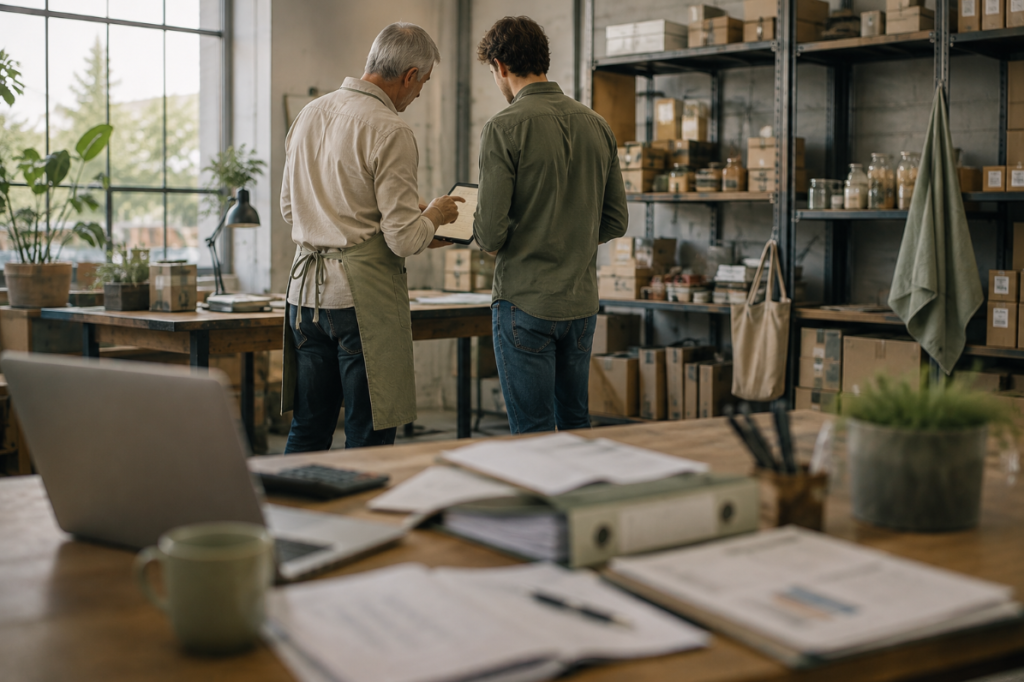 Transmission dans une entreprise familiale, dialogue entre deux générations dans un atelier