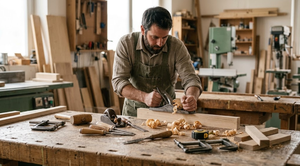 Dirigeant d'un atelier de menuiserie consultant des documents de société, copeaux de bois et plan technique au premier plan