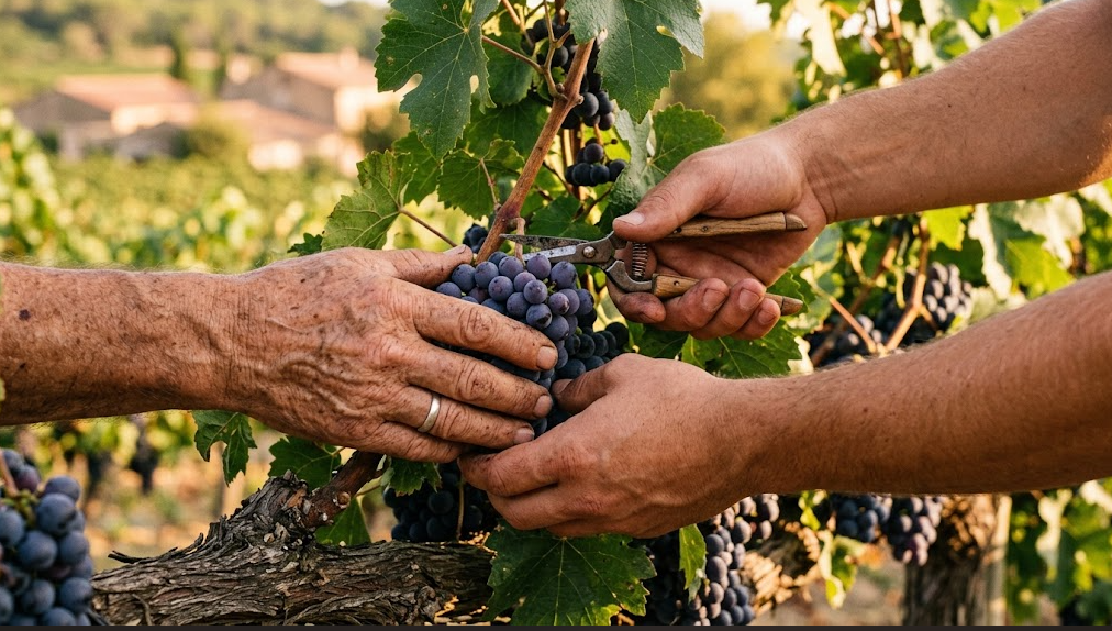 Deux générations d'une famille de vignerons travaillant ensemble parmi les vignes en Provence
