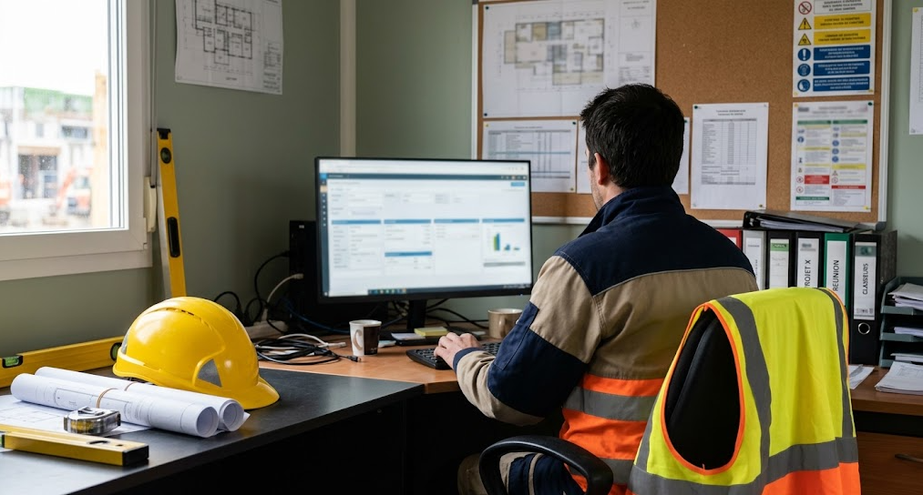 Dirigeant d'une entreprise du BTP consultant une facture sur son ordinateur dans son bureau de chantier