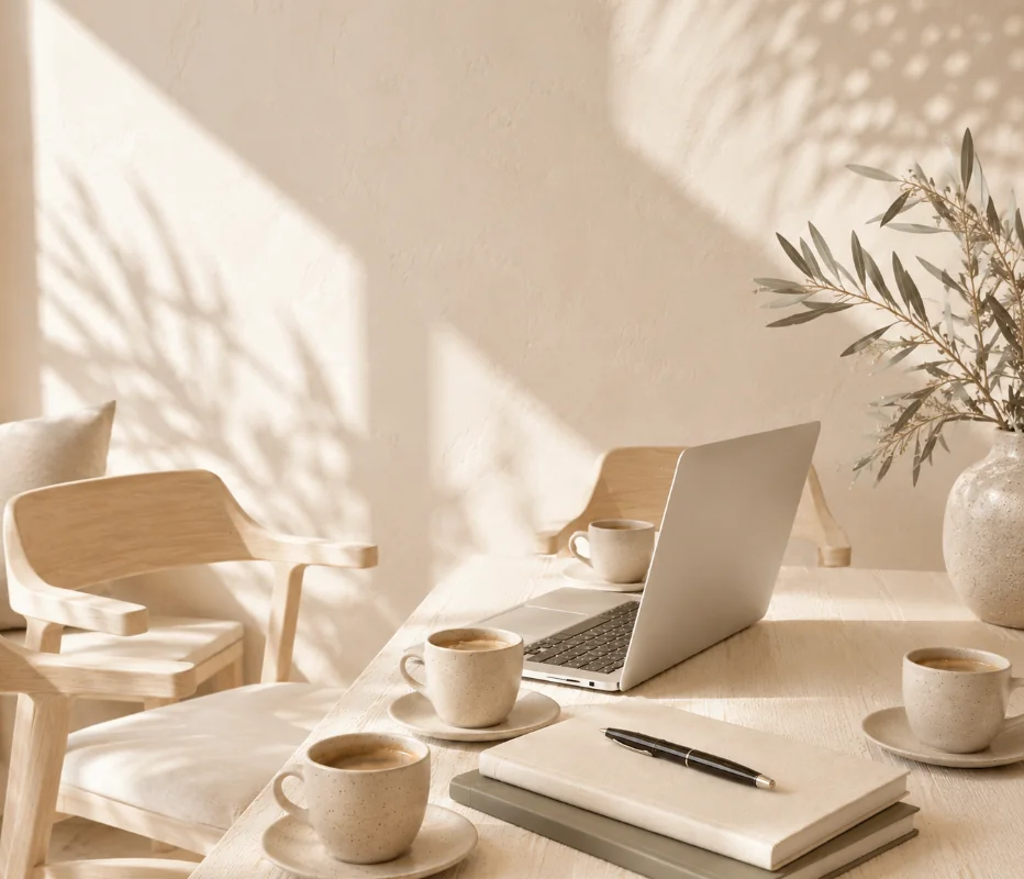 Bureau lumineux avec ordinateur portable, carnet et tasses de café, ambiance chaleureuse et provençale