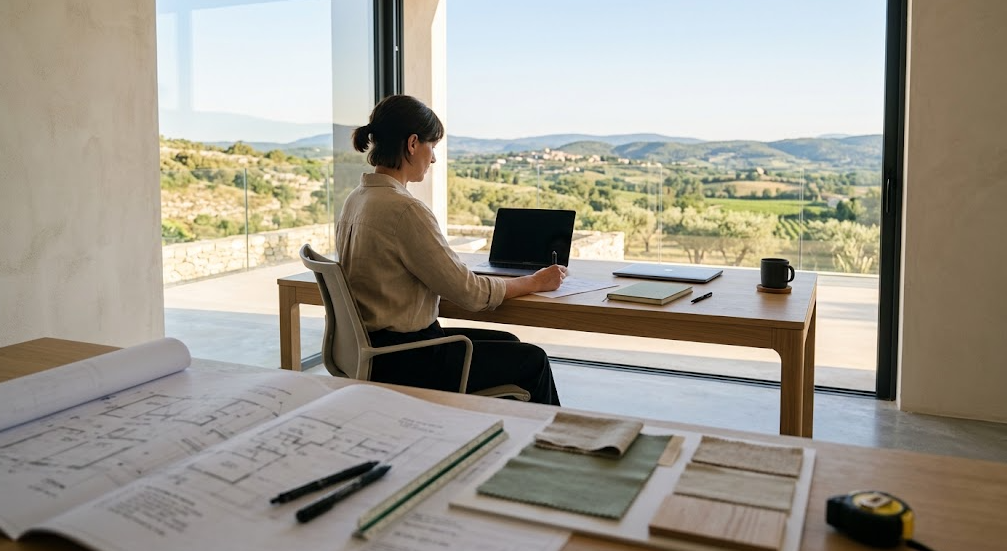 Bureau contemporain avec vue sur un paysage provençal, symbole du regard de Koselys sur le conflit
