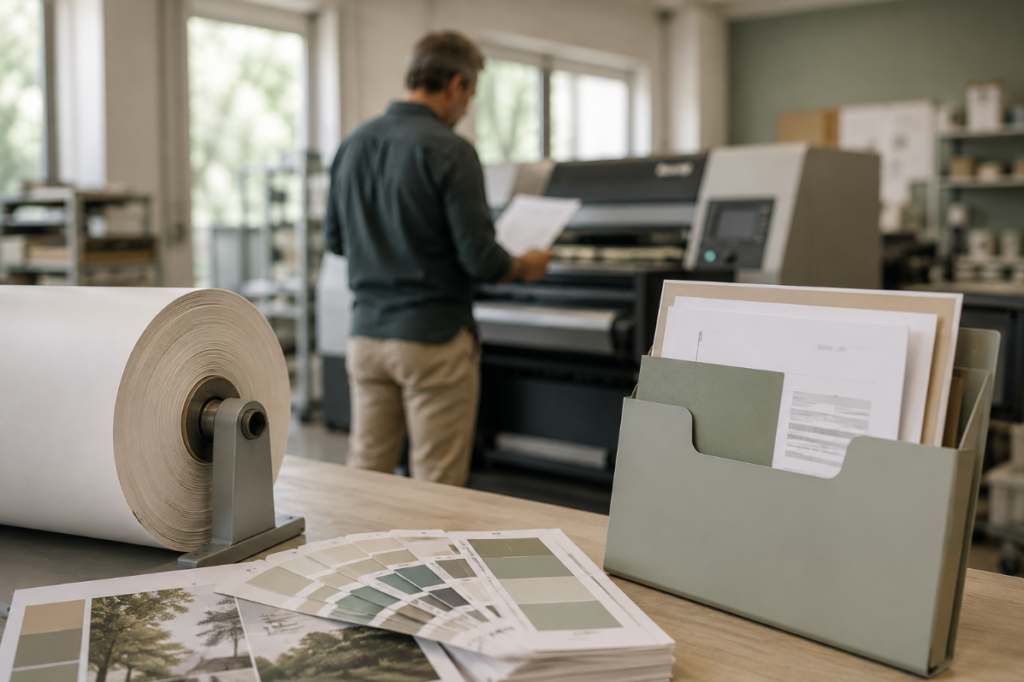 Dirigeant d'atelier d'impression vérifiant un document devant une machine, bobine de papier et échantillons de couleurs au premier plan