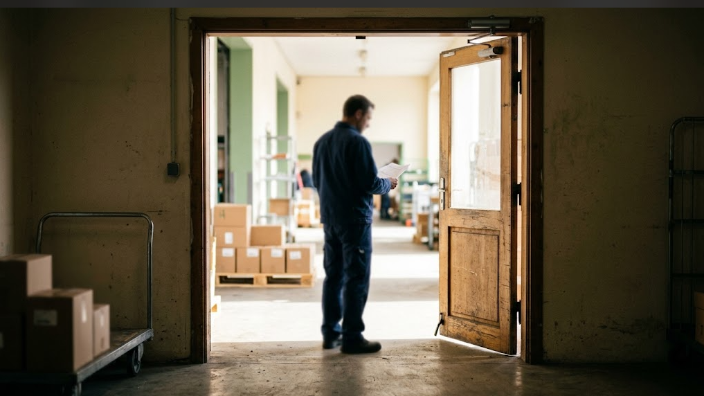 Dirigeant d'une entreprise de distribution s'apprêtant à franchir la porte entre le bureau et l'espace de stockage