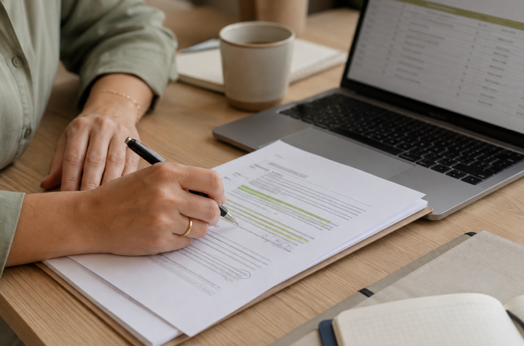 Consultante annotant le périmètre d'une mission sur un document de proposition commerciale