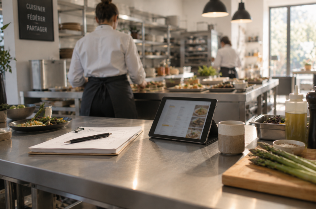 Cuisine professionnelle de traiteur avec devis et planning illustrant un litige sur l'exécution d'un contrat