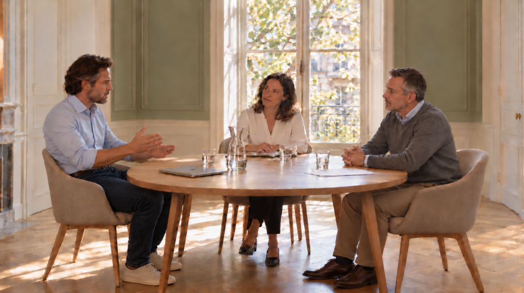 Séance de médiation à Aix-en-Provence : deux dirigeants et une médiatrice autour d’une table ronde, pour résoudre un conflit sans aller au tribunal